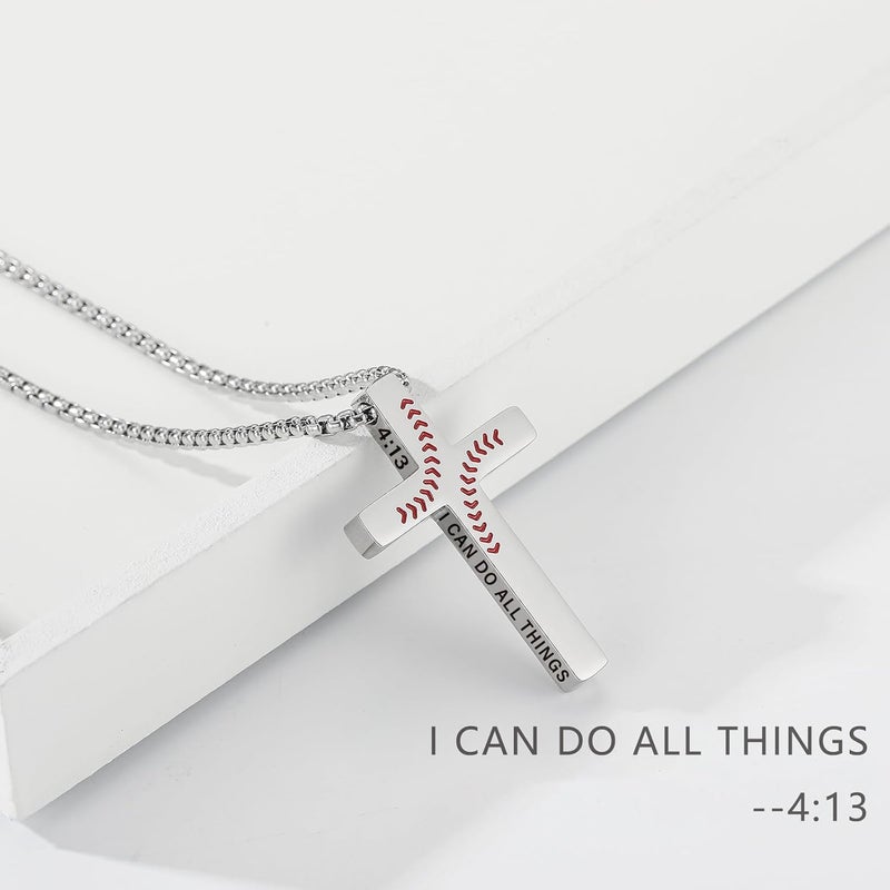 VULETO Baseball Bible Verse Cross Necklace for Boys Men, Stainless Steel Cross Pendant Baseball Valentines Christian Religious Jewelry Christmas Gifts for Teen Boys Kids Teens - Image 1